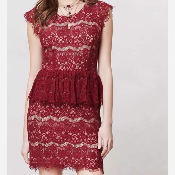 Anthropologie Maeve Red Peplum Tiered Lace Dress - Picture 6 of 6